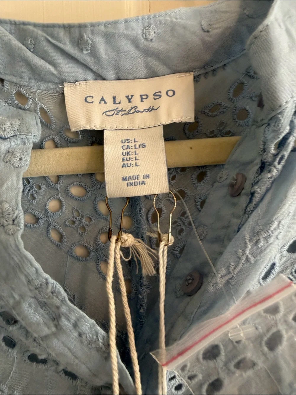 Calypso St. Barth Pale Blue Eyelet Peasant Blouse - Picture 2 of 5